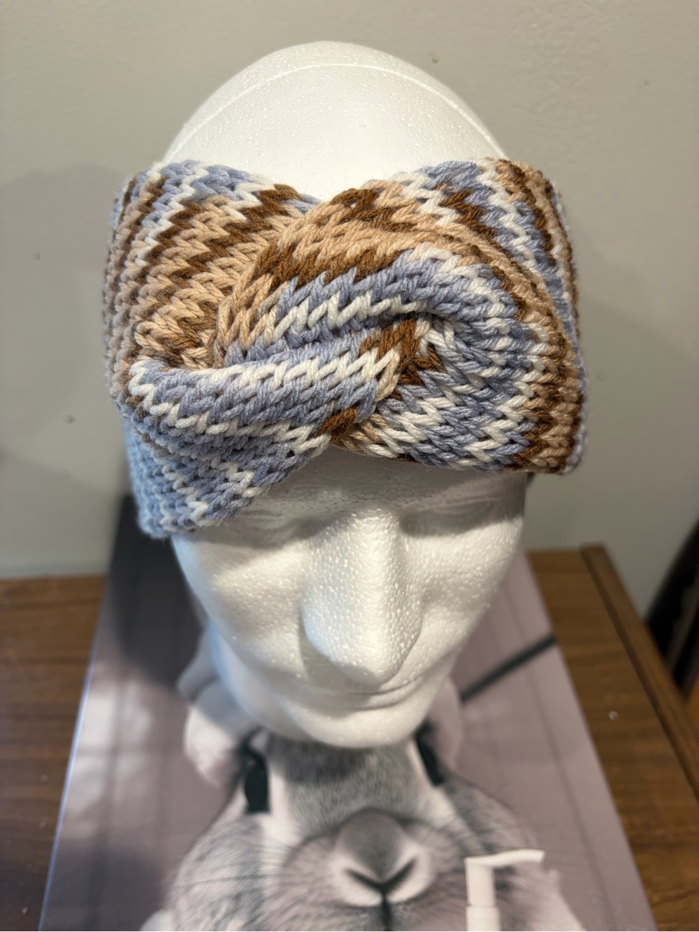 Handmade Knit Twist Front Ear Warmer Blue Brown Cream Headband - Picture 2 of 5